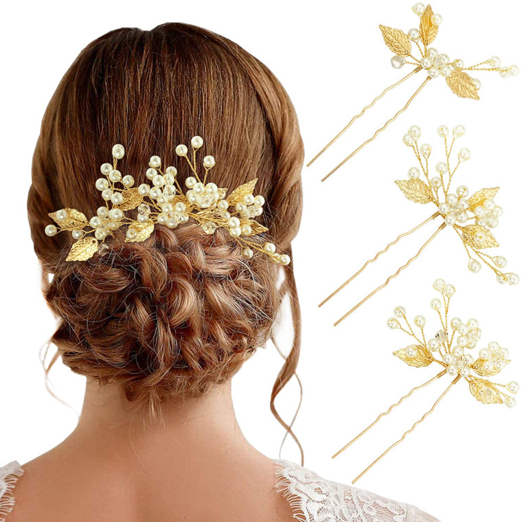 PRETTYLIFE Pearl Wedding Hair Pins U-Shaped Gold Leaf Hair Accessories Head Pieces for Bride Women Girls Party, Set of 3