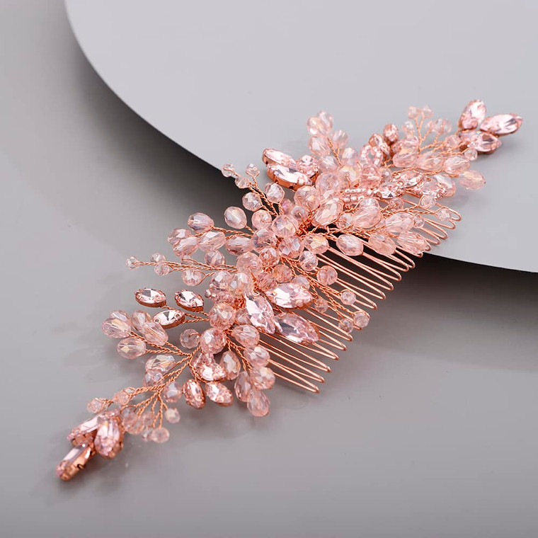 BERYUAN Crystal Hair Comb Beaded Hair Slide Comb for Bride Women Pink