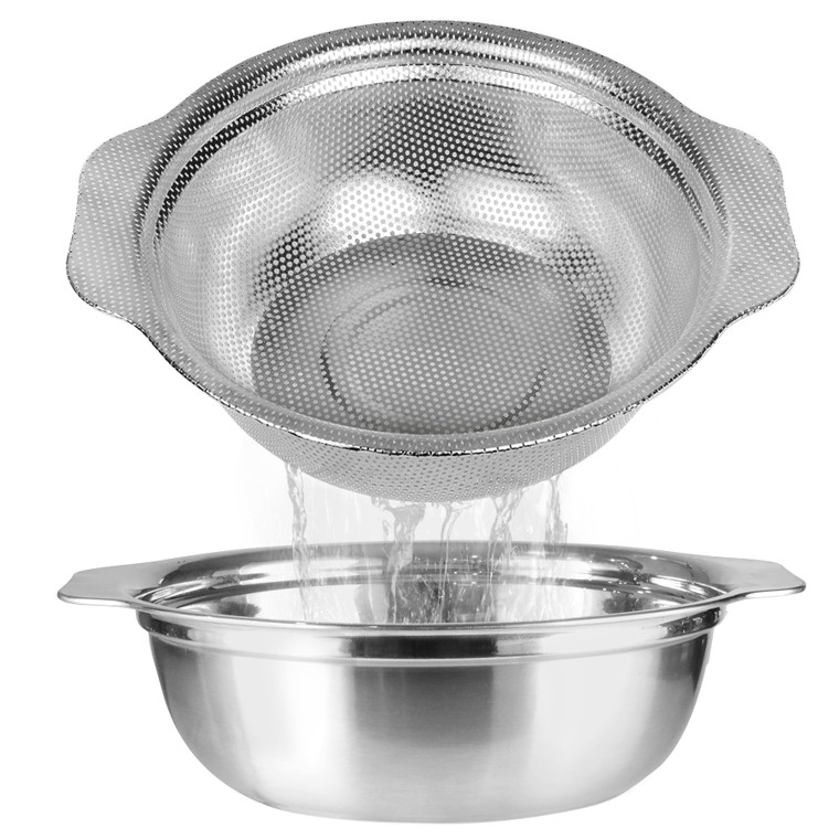 POPGRADE Stainless Steel Colander for Kitchen, 2.5QT Rice Washer Strainer with Mixing Bowl, Colander Bowl Set with Microporous for Washing Rice, Past