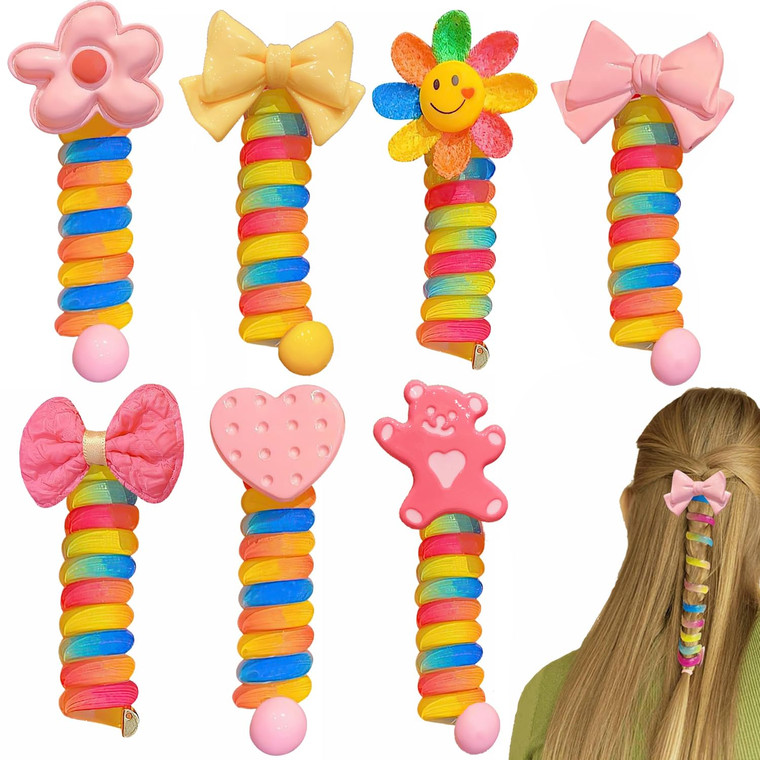 YONOY Colorful Telephone Wire Hair Bands for Kids, 7 Pcs Bowknot Braided Spiral Hair Ties, Ponytail Cord Hair Ties for Girls, No Damage Hair Elastics