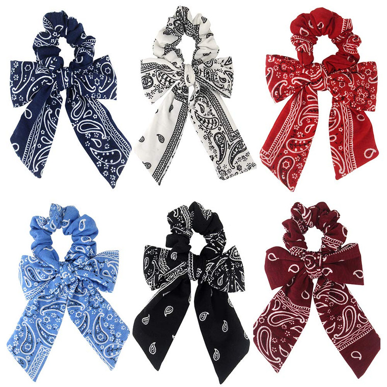 Cutewing Paisley Hair Scrunchies with Bow Hair Scarves Scrunchy Ponytail Holder Elastics Hair Bands Ribbon Hair Tie for Women Girls with 6PCS