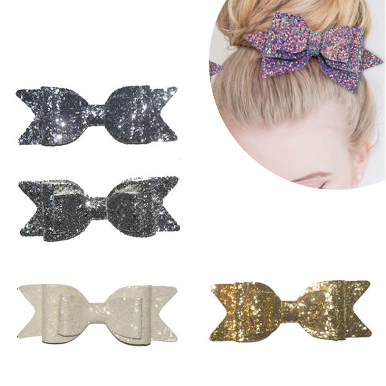 4Pcs Girls Sparkly Glitter Hair Clips - Boutique Hair Clips - Multi Color Glitter Sequins Big Hair Bows for Girls, Teens, Toddlers, and Kids - Clip B