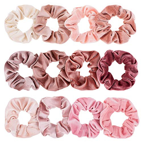 Whaline 12Pcs Blush Theme Scrunchies Velvet Elastics for Women Pink Bobbles Soft Lovers Scrunchy Classic Thick Hair Bands Ties Gifts for Teenage Girl