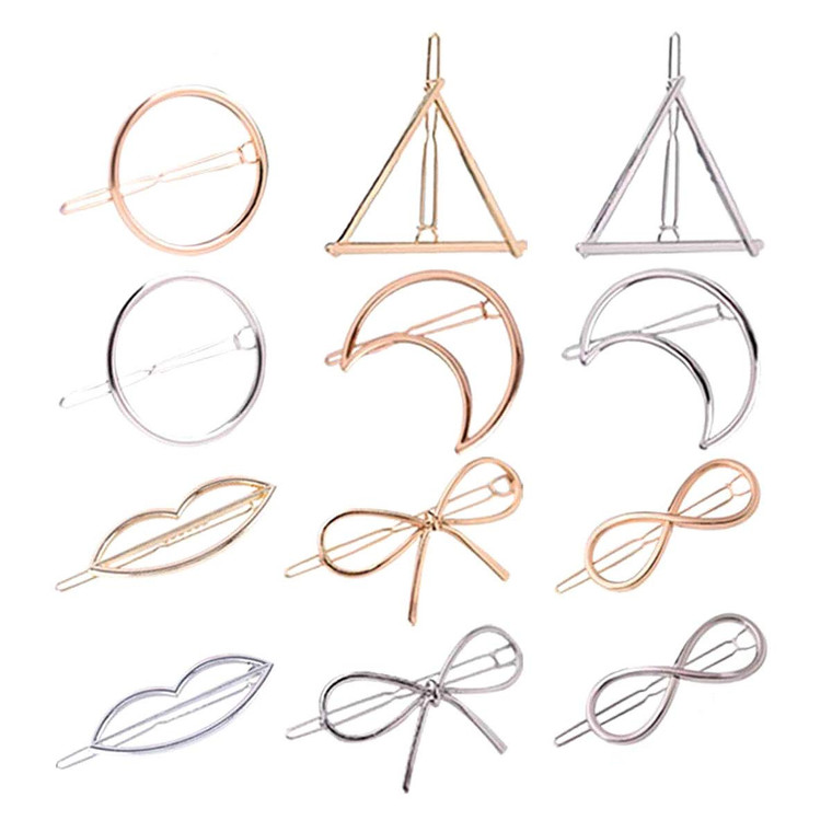 Numblartd 12Pcs Simple Hollow Geometric Metal Barrettes Hair Clip Pins - Women Dainty Gold Silver Alloy Circle Triangle Moon Butterfly Lips Hairpin f