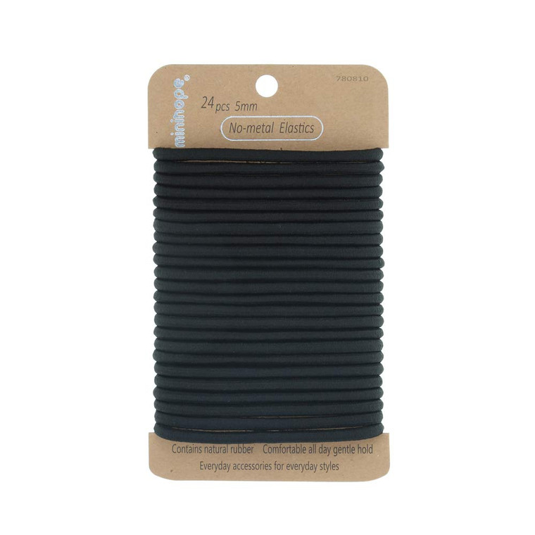 Minihope no-metal elastic hair ties, women's black thick large elastics, 5MM for thick hair 24 Count