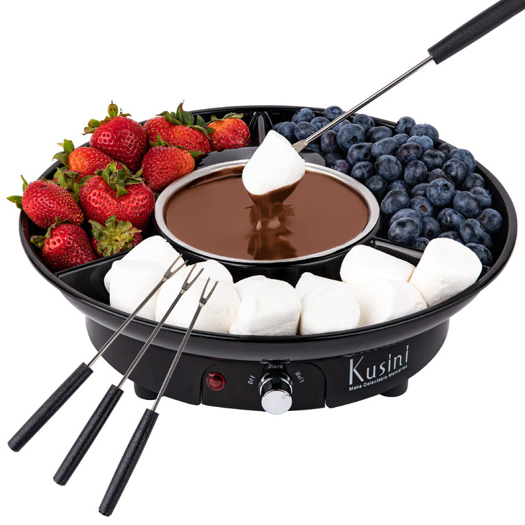 Kusini Electric Fondue Pot Set - Chocolate Fondue Kit - Temperature Control, Detachable Serving Trays, & 4 Roasting Forks - Gift Set & Date Night Ide