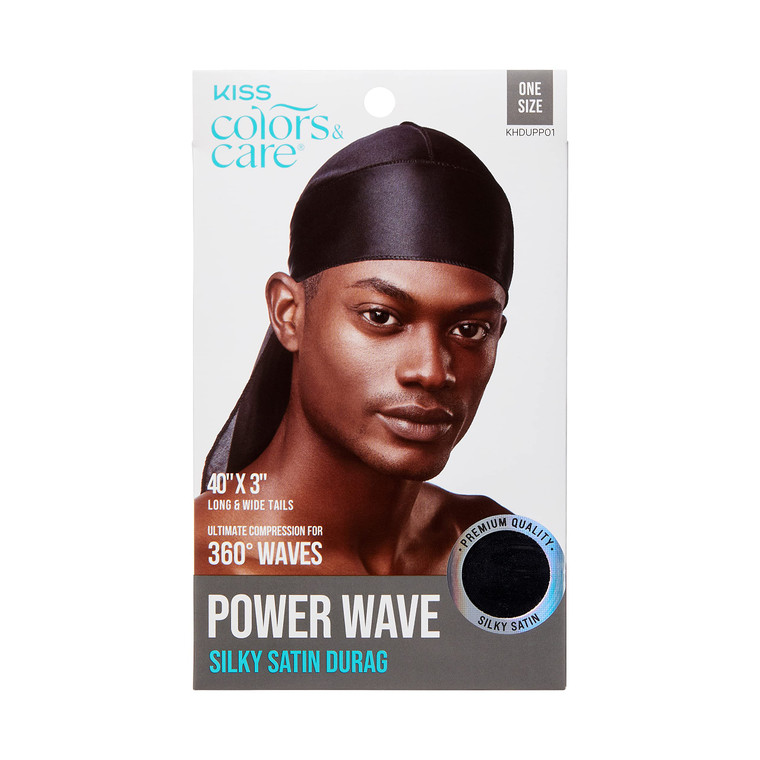KISS COLORS & CARE Power Wave Silky Satin Durag - Black, Maximum Wave formation, Ultra-Compression, Breathable Premium Fabric, One Size Fits All, Dur