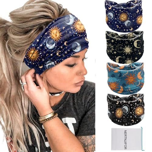 NERTNJIFOR Women Headbands Stars Moon Wide Knotted Headband Non Slip Wraps Elastic Yoga Turban Fashion Hair Bands Soft Hair Wrap Hair Accessories for