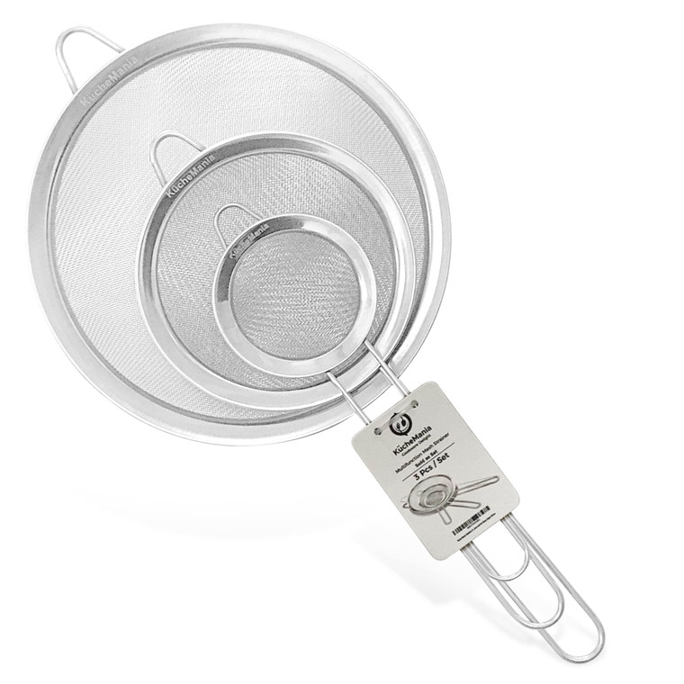 Küche Mania Stainless Steel Sieve Set - Strong, Sturdy Handles Set of 3 Sieve Mesh, 7cm, 12cm, and 18 cm Stainless Steel, Rust Free Strainers and No