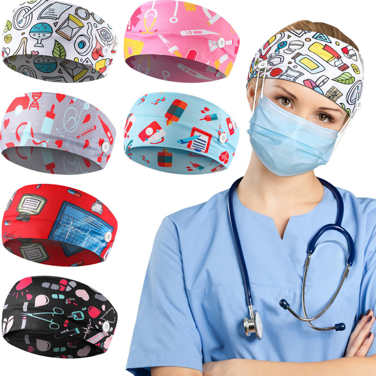 6 Pieces Button Headbands Non Slip Nurse Headbands Stretchy Headwraps Nonslip Yoga Sweatbands with Ear Protection Holder Elastic Headscarves for Yoga