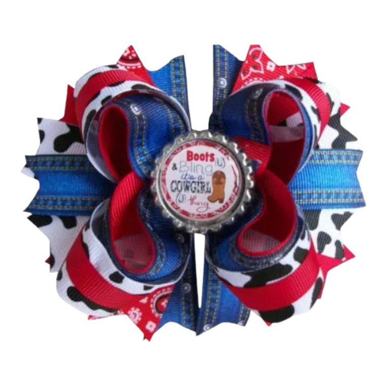 HEY SIS! Boots & Bling Cowgirl 1 PCS Hair Bow Wild West Western Country Rodeo Hair Accessory For Girls (Blue-Red)