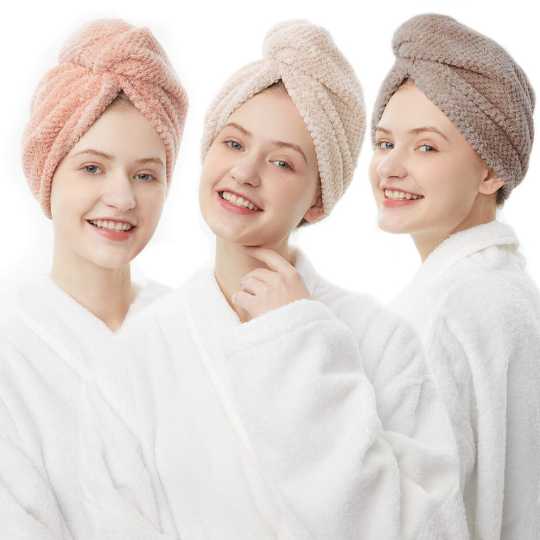 ELLEWIN Microfiber Hair Towel Wrap for Women 3 Pack,Hair Drying Turban with Button,Anti Frizz,Super Absorbent Quick Dry Hair Towels for Long Thick Sh