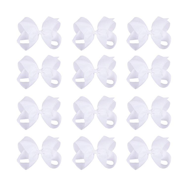DEEKA 12 PCS 6" Big Hand-made Grosgrain Ribbon Hair Bow Alligator Clips Hair Accessories for Little Teen Toddler Girls - White