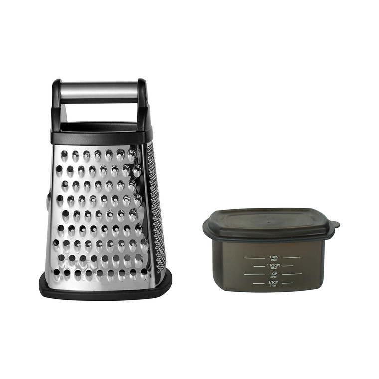 KitchenAid Gourmet 4-Sided Stainless Steel Box Grater for Fine, Medium and Coarse Grate, and Slicing, Detachable 3 Cup Storage Container and Measurme