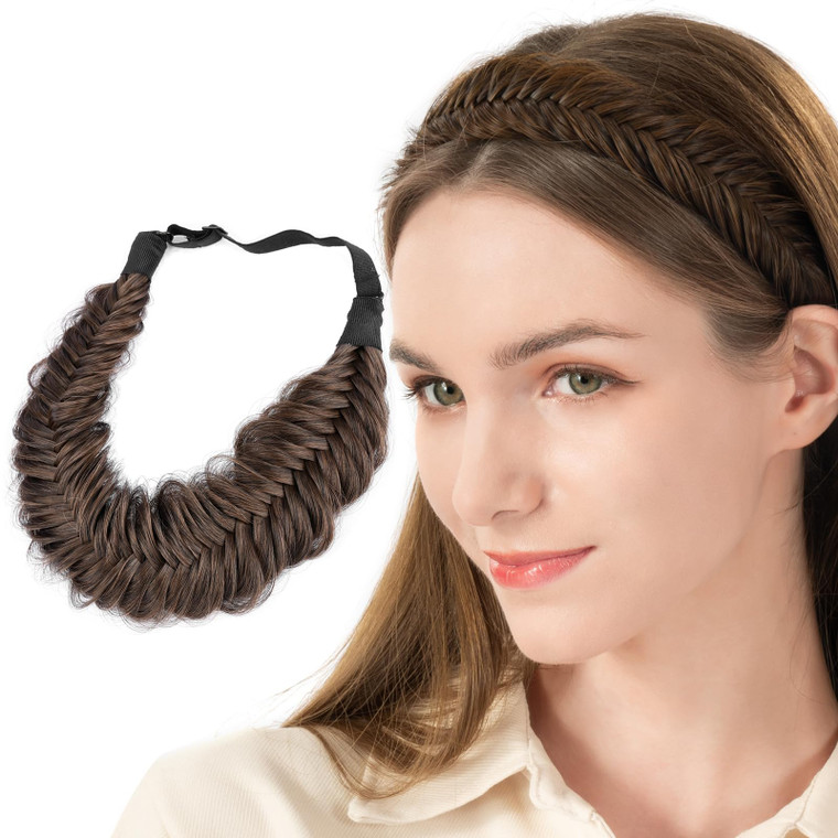 BOBIYA Wide Fishtail Headband for Women Synthetic Hair Plaited Braids Elastic Stretch Fishtail Headband (Copper Brown)