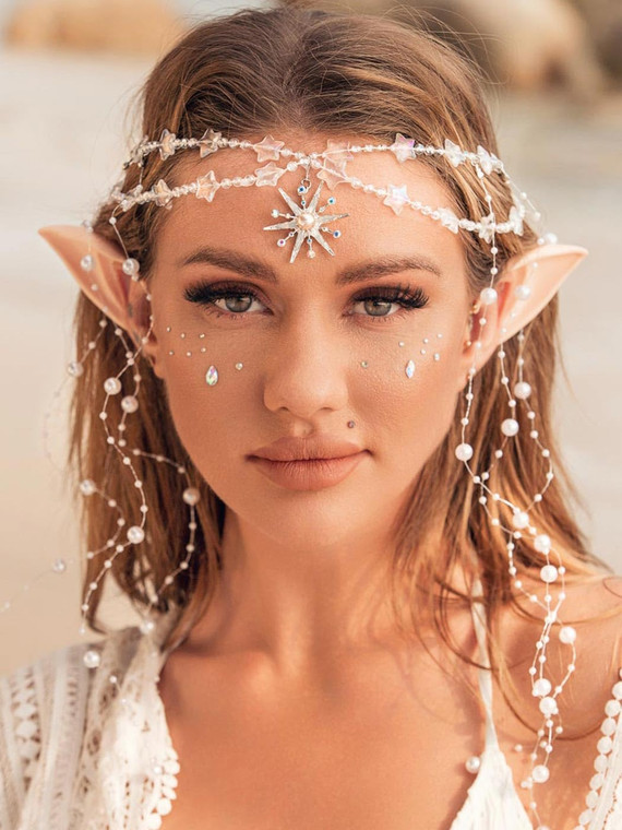 Aukmla Star Boho Head Chain with Fairy Elf Ear Pearl Tassel Headpiece Hair Chains Jewelry Halloween Costume Festival Headband Hair Accessories for Wo