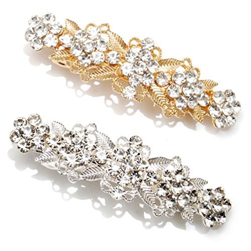 Luxxii - Clear Fancy Rhinestone Crystal Hair Barrette Clip Hair Pin (Pack 2, Silver & Gold Tone_C)