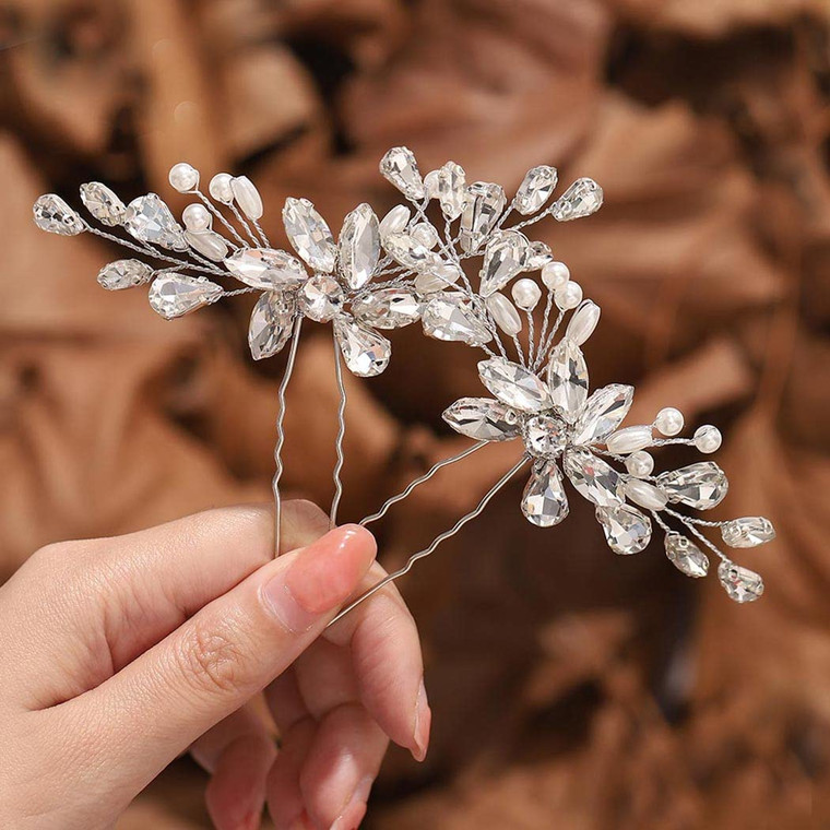 Gorais Crystal Bride Wedding Hair Pins Pearl Bridal Hair Clips Hair Accessories for Women and Girls (Pack of 2) (B-Silver)