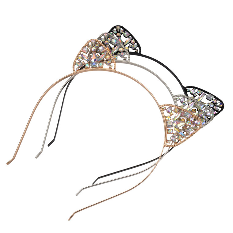 Numblartd 3 Pcs Glitter Upscale Crystal Rhinestone Cat Ear Hair Hoop Headband - Fashion Cute Hair Band Headwear Hair Accessories for Women (B#)