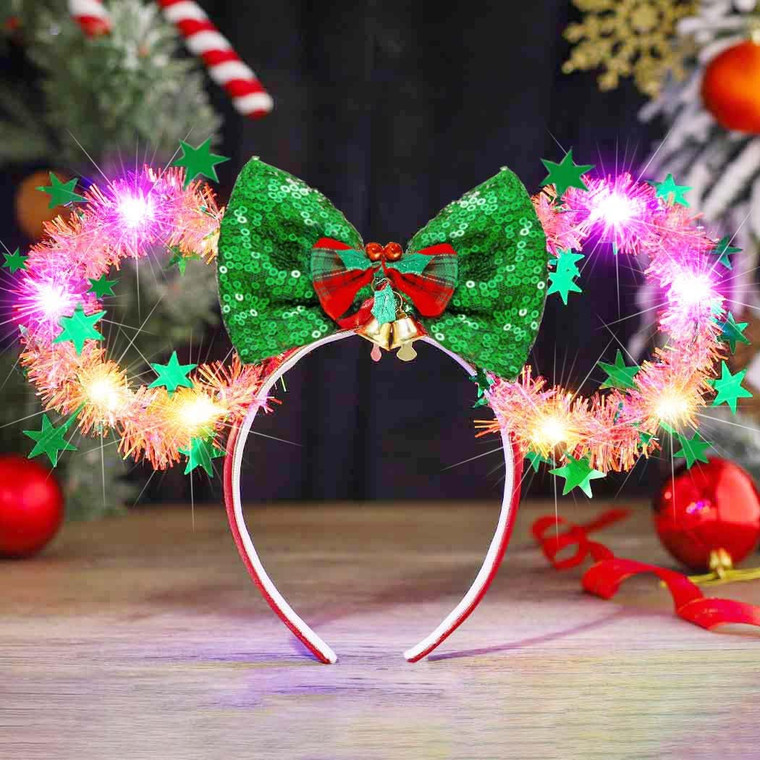CASDRE Christmas Light up Mouse Ear Headband Xmas Bow Hair Hoop Bell Sparkle Headbands Party Hair Accessories for Women and Girls (B Green Red)