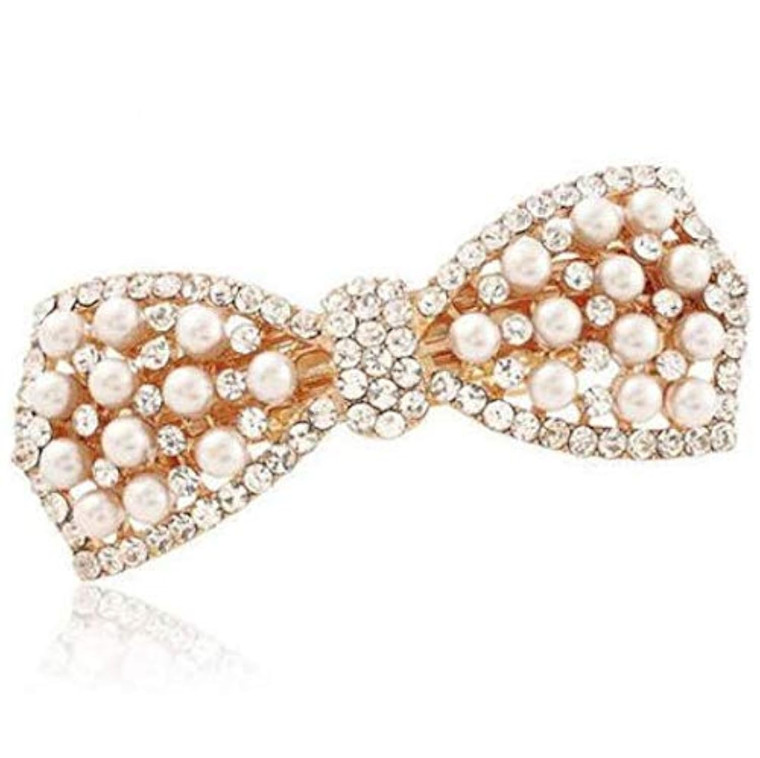 DNHCLL Pearl Bow Hairpin Set With Drill Water Drill Cross Pin Headdress Ponytail Clip for Womens(Golden)