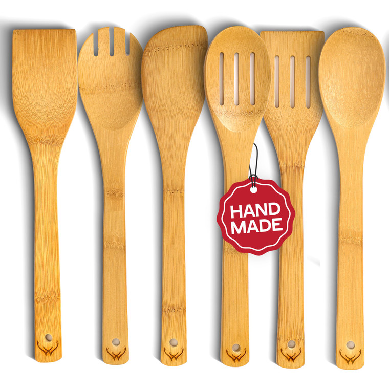 WOODLANDS USA Wooden Spoons for Cooking set of 6  Premium Wooden Utensil set for everyday use  Versatile Cooking utensils set safe for nonstick pan