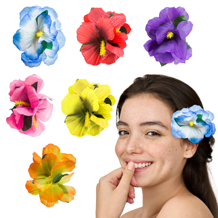 Super Z Outlet Hula Girl Hibiscus Color Assorted Flower Island Theme Hair Clips Event Decoration Supplies (12 Pack)
