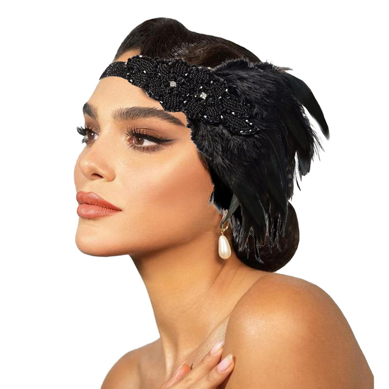 VENOFEN 1920s Flapper Headpiece Black Feather Headband Rhinestone Roaring 20s Gatsby Style Headpiece Retro Hair Accessories for Women