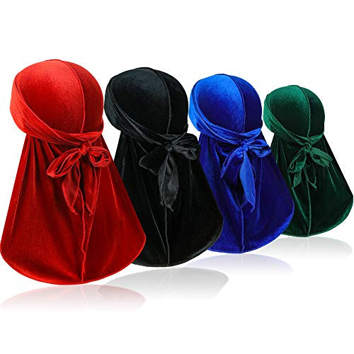 Oumrote 4 Pieces Men Velvet Durag with Long Tail Silky Durag Headwraps for 360 Waves