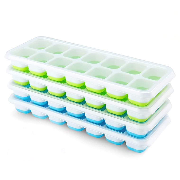 Ice Cube Trays 4 Pack, Airabc Silicone with Removable Lid, Easy-Release Flexible 14-cube Trays, LFGB Certified and BPA Free, Stackable Covers for Coc