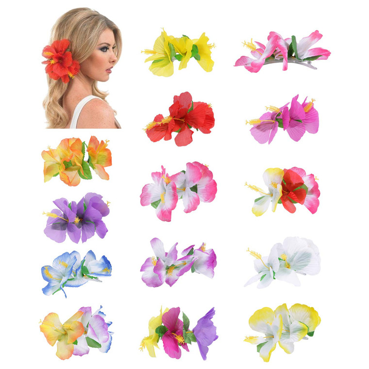 Lawie 14 Pack Artificial Large Silk Tropical Hibiscus Flower Hair Clips Barrettes Fake Floral Bows With Clear Alligator Brooch Pins Hawaiian Luau Hul