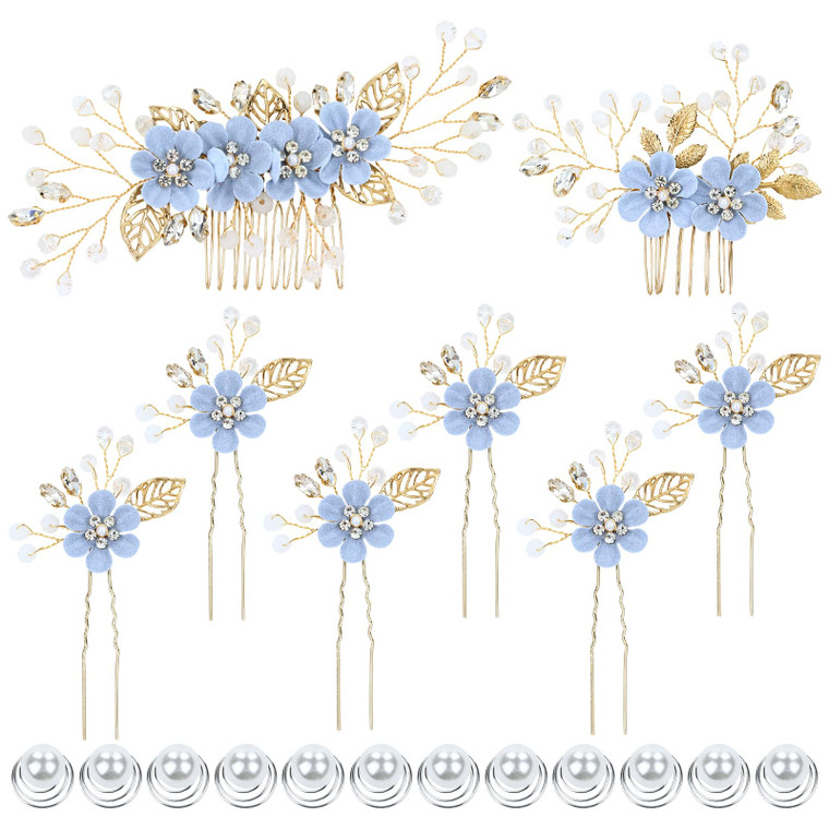 Dizila 20 Pieces Bridal Wedding Party Prom Rhinestone Pearl Light Blue Flower Hair Side Combs Slides+U-shaped Flower Hair Pins+Twist Spiral Pearl Hai