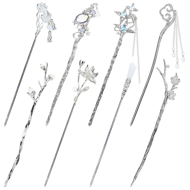 inSowni 8 Pieces Decorative Retro Crystal Pearl Silver Hair Sticks Pins with Pendants Asian Chinese Hanfu Cloud Star Lotus Flower Hair Forks Chopstic