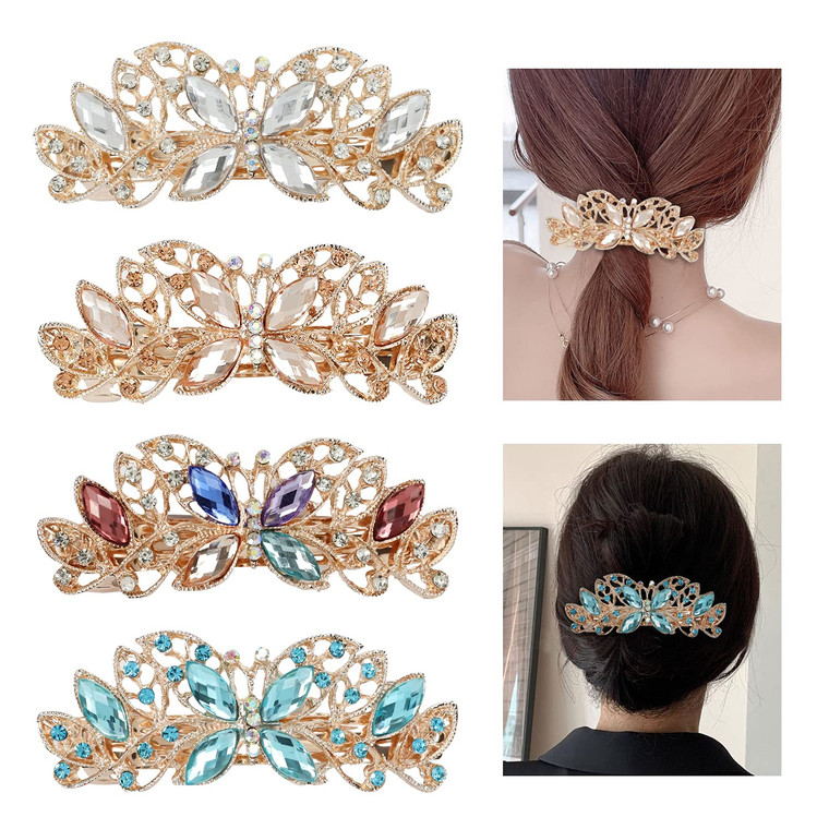 Lawie 4 Pack Luxury Butterfly Jeweled Crystal Rhinestone Glitter Sparkly Metal Hair Barrettes Snap Clips Hairpins Hairgrip Thin Thick Bun Twist Holde
