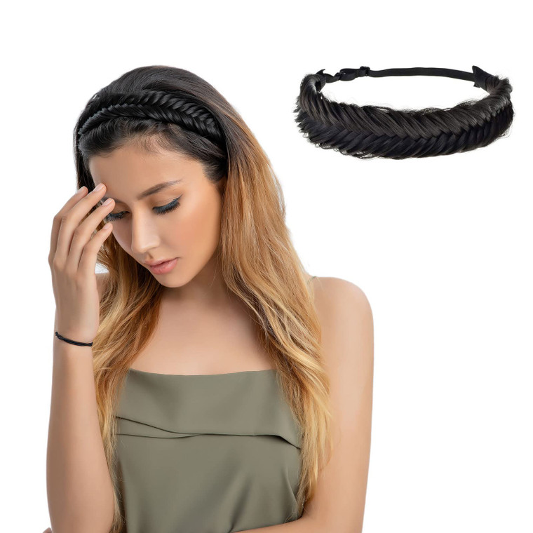 TOECWEGR Wide Fishtail 9 Strands Synthetic Hair Braided Headband Thick FluffyElastic Shape Ladies Beauty accessory Headband