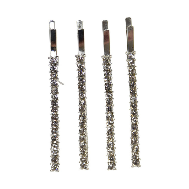 Clear Rhinestone Studded Hair Barette Bobby Pin Clip | 4 Count | Silver