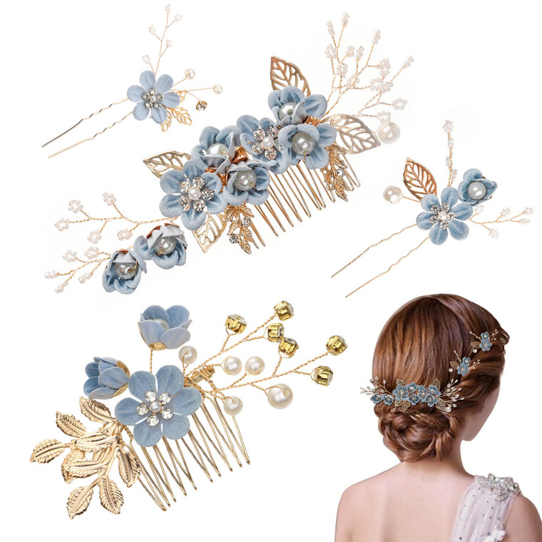 UHOMENY 4PCS Wedding Hair Pins, Bridal Pearl Hair Side Combs Set Floral Leaf Head Piece Hairdecor Accessories Rose Gold Rhinestone Handmade Bridesmai