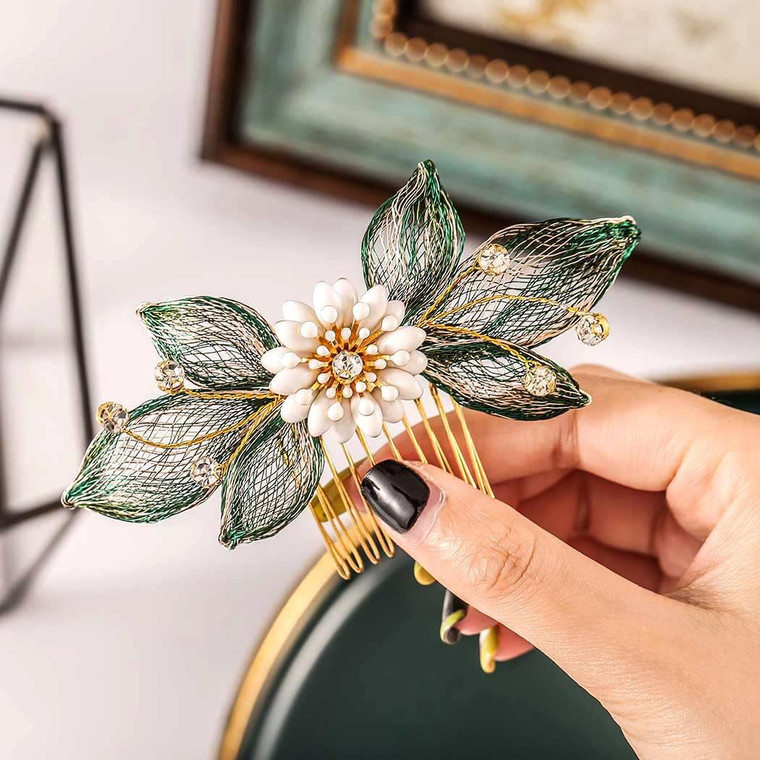 Casdre Flower Bride Wedding Hair Comb Gold Leaf Bridal Side Comb Hair Piece Party Prom Crystal Hair Accessories for Women and Girls (A Green)