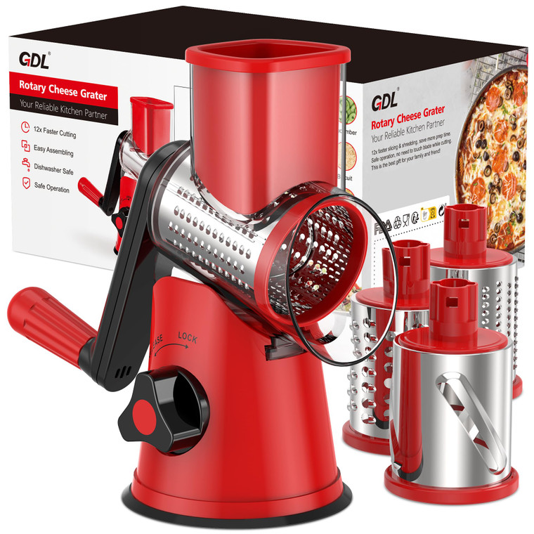 Cheese Grater Rotary, Rotary Grater for Kitchen, Kitchen Grater Vegetable Slicer with 3 Drum Blades, Fast Cutting Cheese Shredder for Vegetables and