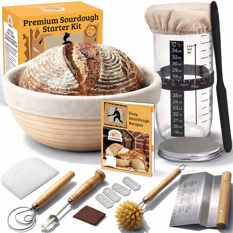 CRISS ELITE Sourdough Starter Kit for Beginners  Banneton Bread Proofing Basket Round 9 with 24oz Glass Sourdough Starter Jar & Sourdough Bread Bak