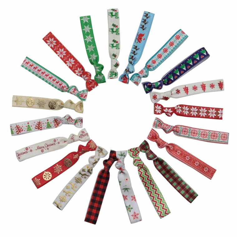 20Pcs Pack Christmas Elastic Hair Ties No Crease FOE Ponytail Holders For Girl and Women, Wrist Straps Hair Bands for Hair Accessories