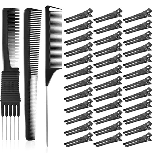 Double Prong Curl Clips, IKOCO 50 Pcs Pins Curls Setting Section Hair Clips Metal for DIY with 3Pcs Comb Set for Salon Barber Hair Styles