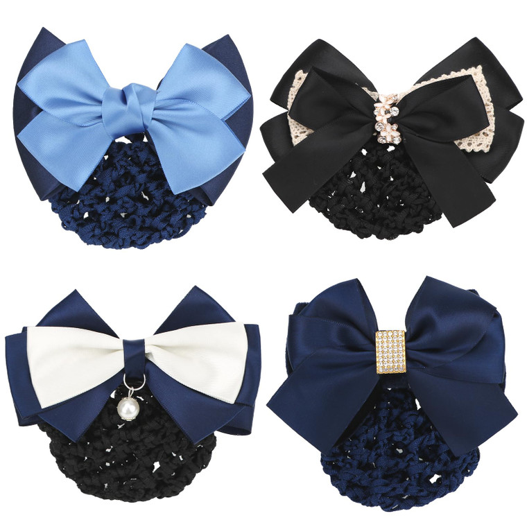 kilofly 4pc Women's Two-Way Snood Net Bow Barrette Hair Clip Bun Cover Set