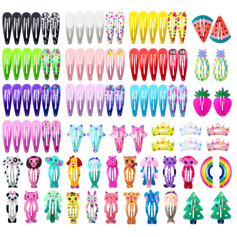 Funtopia Hair Clips for Girls,100 Pcs No Slip Metal Snap, Barrettes for Kids Teens Women, Cute Candy Color Cartoon Design Hair Pins (Animals Fruits C