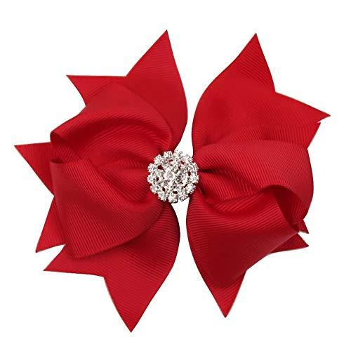 Bow Hair Clip with Rhinestone | 4 inch grosgrain | alligator clip (Holiday Red)