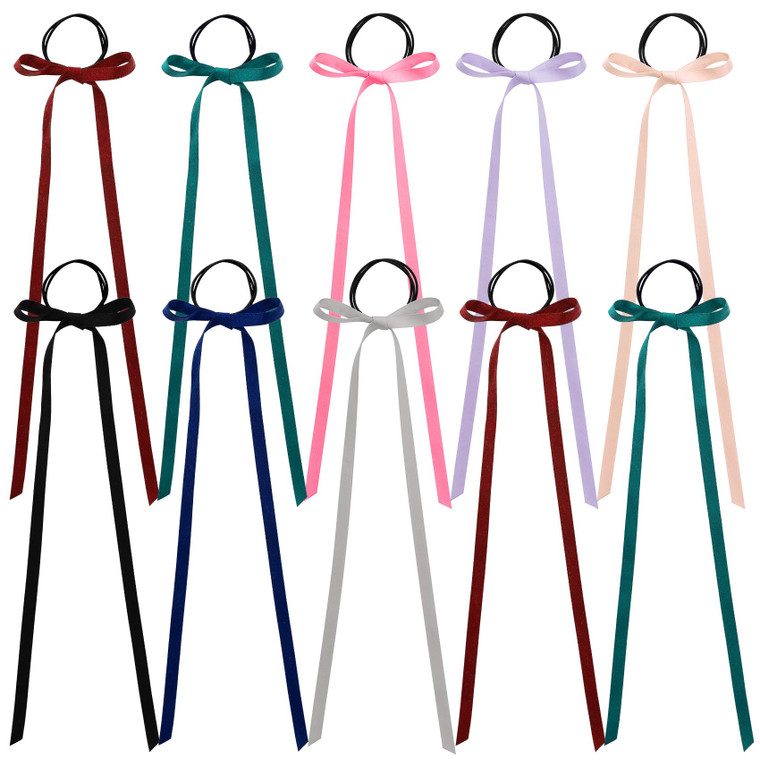 PAGOW 10 Pieces Long Silk Ribbon Hair Bands, Colourful Hair Scarf with Bow Silk Hair Ties, Satin Hair Scrunchies for Women Kids Girls
