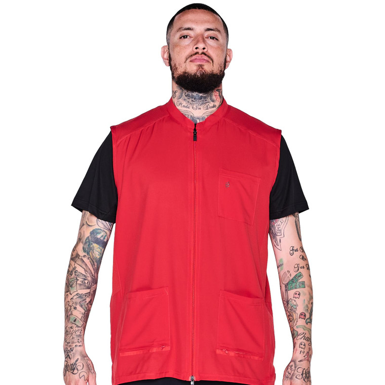 Barber Strong The Barber Vest, Men's Red, Hair Repellent, Ultra Lightweight and Breathable Mesh Side Panels, Sleeveless, Features 3 Pockets and 2-Way