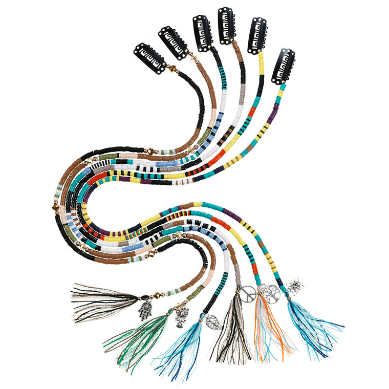 minihope 21 Inch Bright Spacer Bead Hair Wrap Set with Tassels, Hair Clips, and Retro Charm - 6 Styles for Women and Girls.