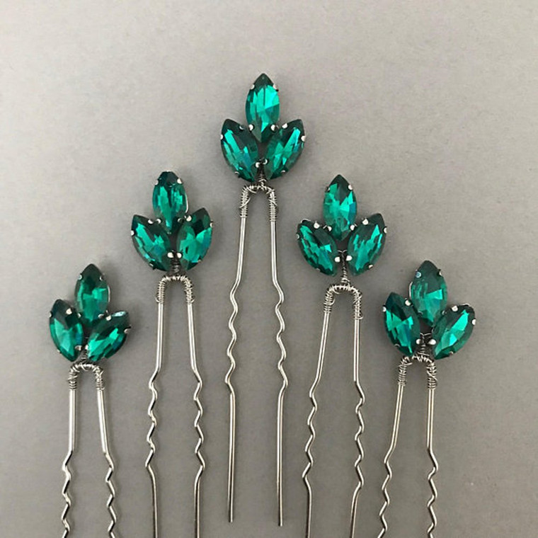 FXmimior Bride Hair Accessories Crystal Hair Pins Clip Bobby Pins Green Rhinestone Bridesmaid Headpiece Customised Wedding pack of 5