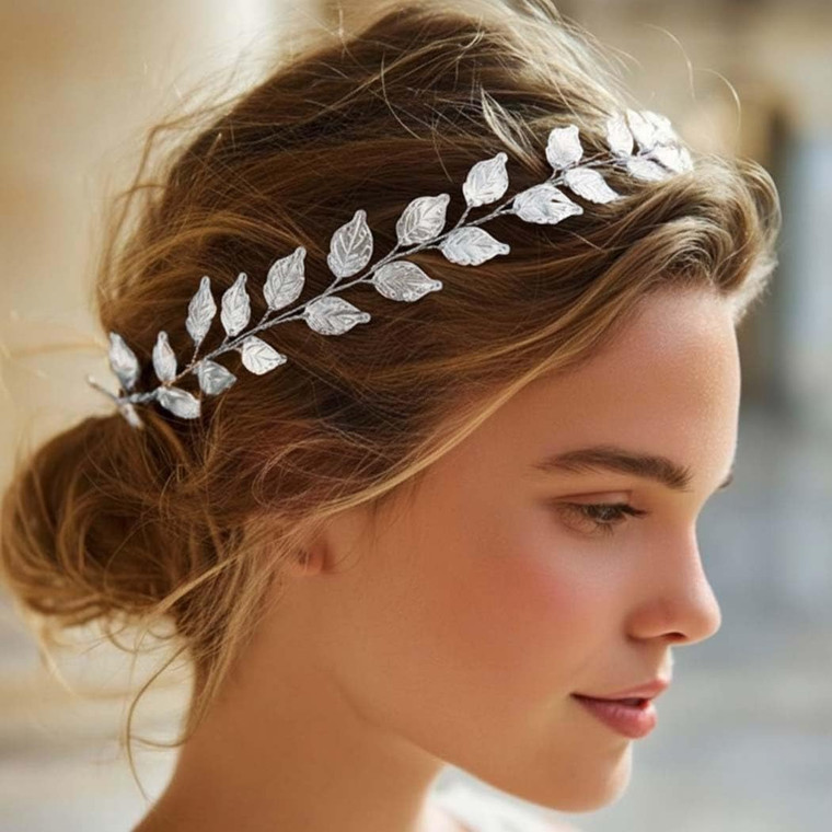 Yean Wedding Headband Gold Leaf Bridal Headpieces for Bridesmaid and Flowergirls (15.7 Inches)(Silver)